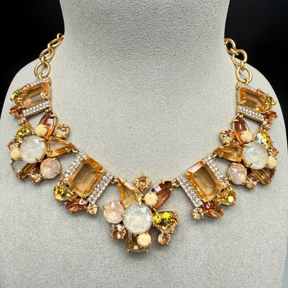 J.Crew Bib Necklace Gold Tone Fall Colors Rhinestones Runway 16" Adjustable